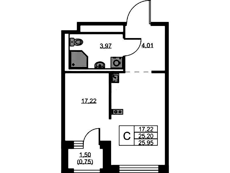 Квартира студия 25.95 м², 7/9 эт., ЖК «GloraX Новоселье»